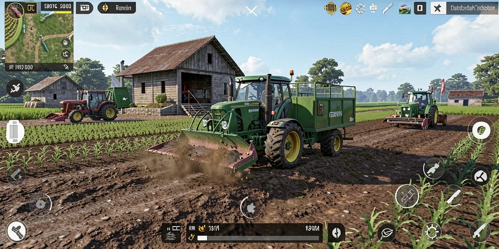 Tampilan gameplay GOWIN yang menggambarkan aktivitas bertani.