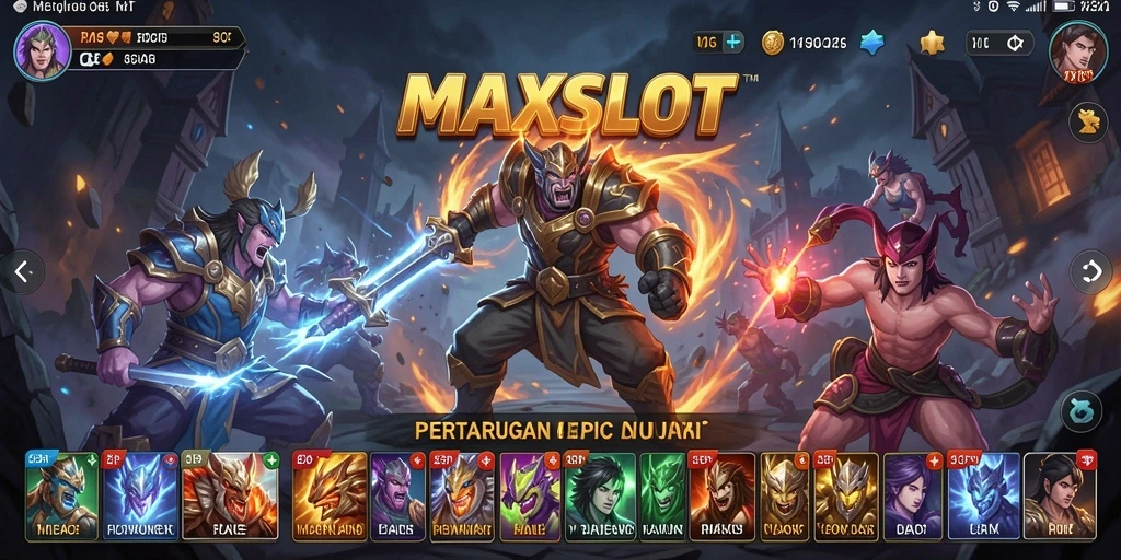 Tampilan gameplay <strong>MAXSLOT</strong> dengan pertarungan yang mendebarkan dan karakter khas.