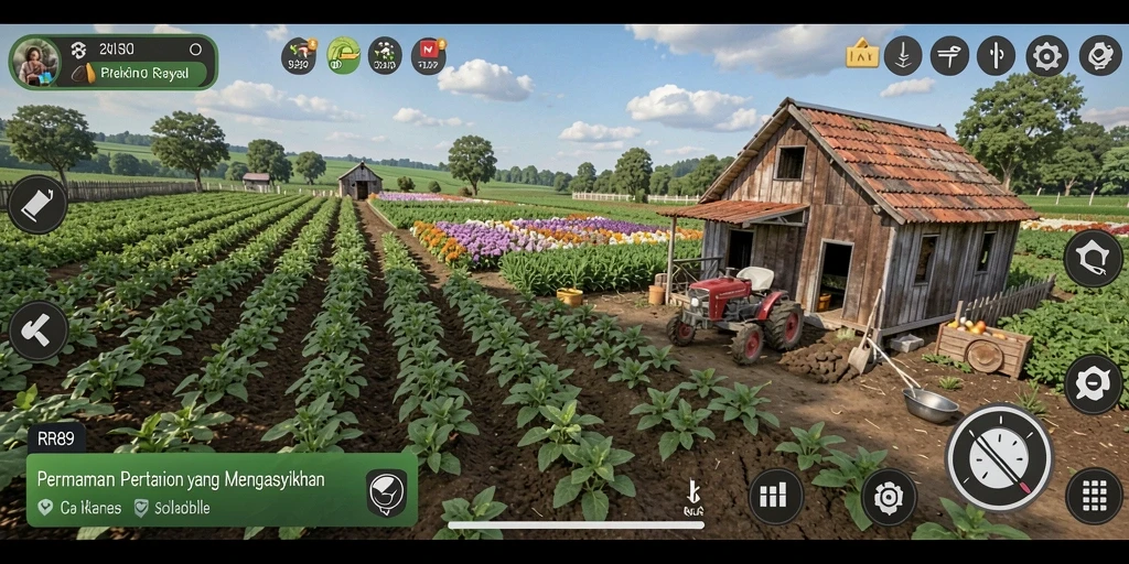 Screenshot gameplay RR89 menampilkan suasana pertanian yang indah dan interaktif.